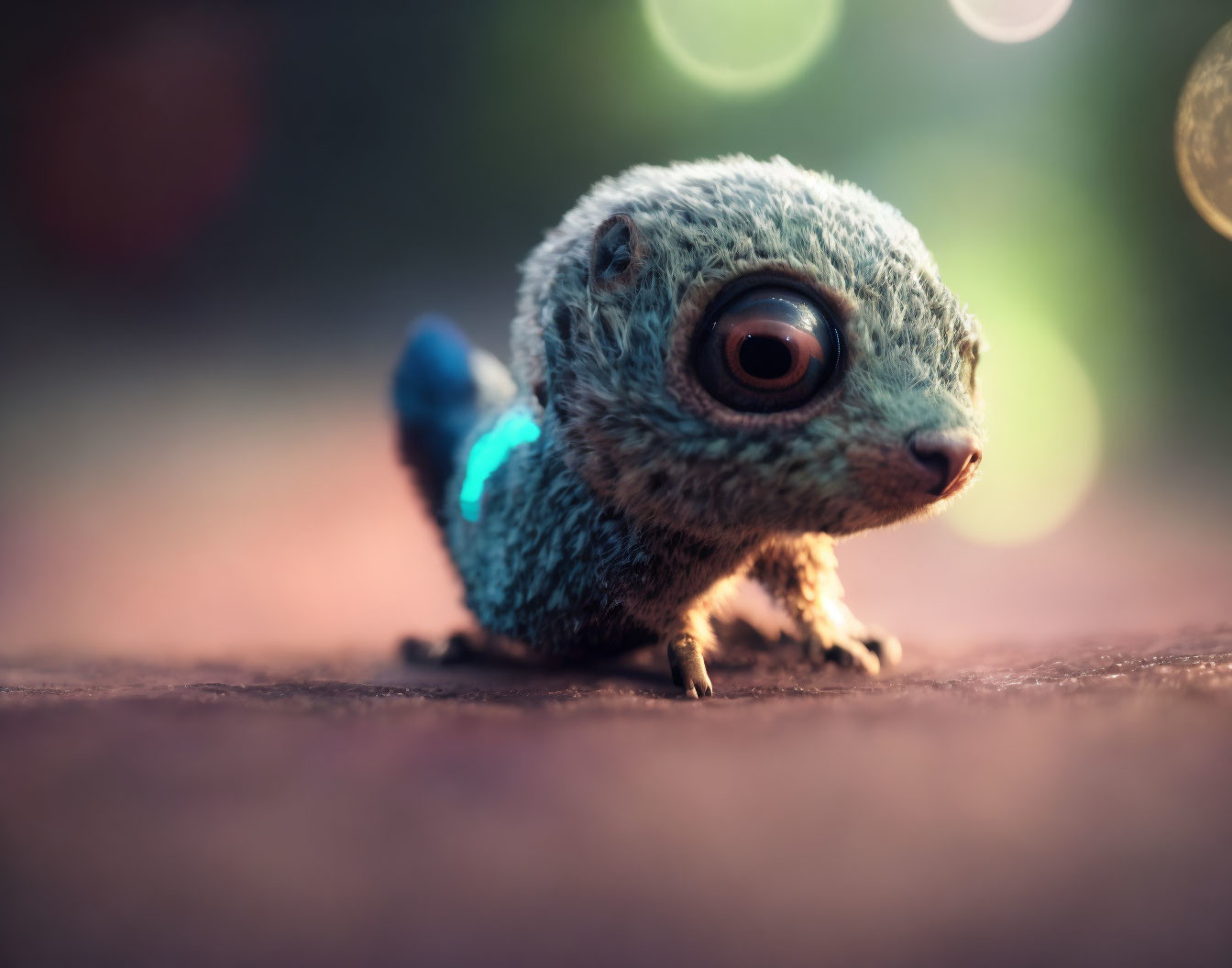 Adorable furry creature with butterfly on back in soft-focus setting