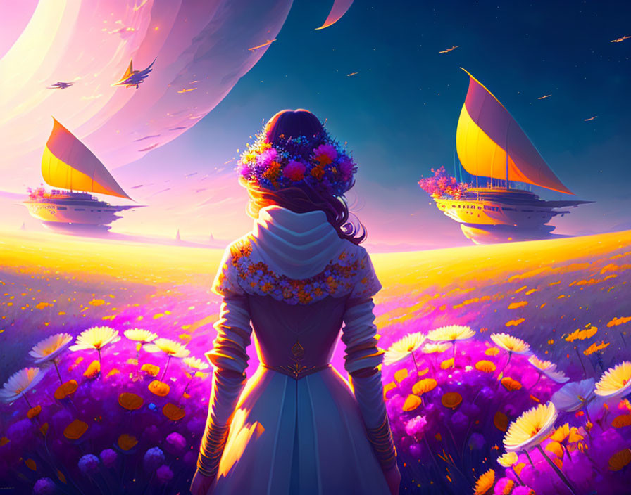 Woman in field of flowers gazes at floating ships in surreal sky landscape.