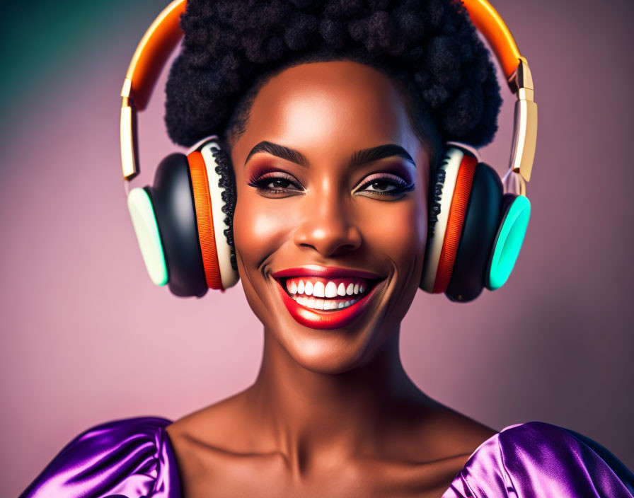 Smiling woman in purple top with headphones on colorful backdrop