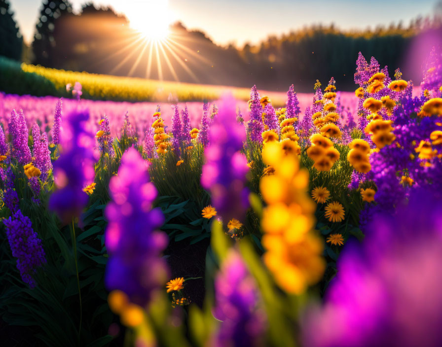 Vibrant purple and yellow flower field at sunset with sun rays through trees