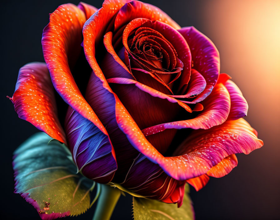 Vibrant red rose with delicate petals and green leaf on warm blurred background