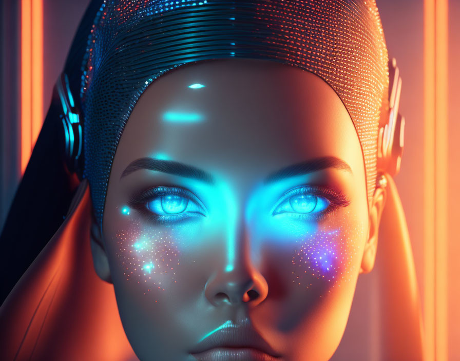 Futuristic female android with glowing blue eyes and illuminated skin on red backdrop.