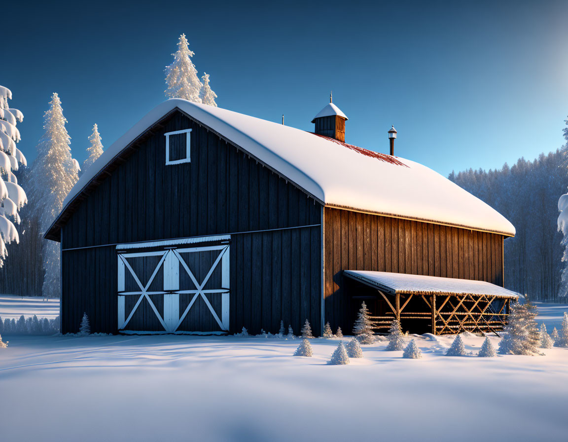 Snow-covered roof on large winter barn in forest landscape