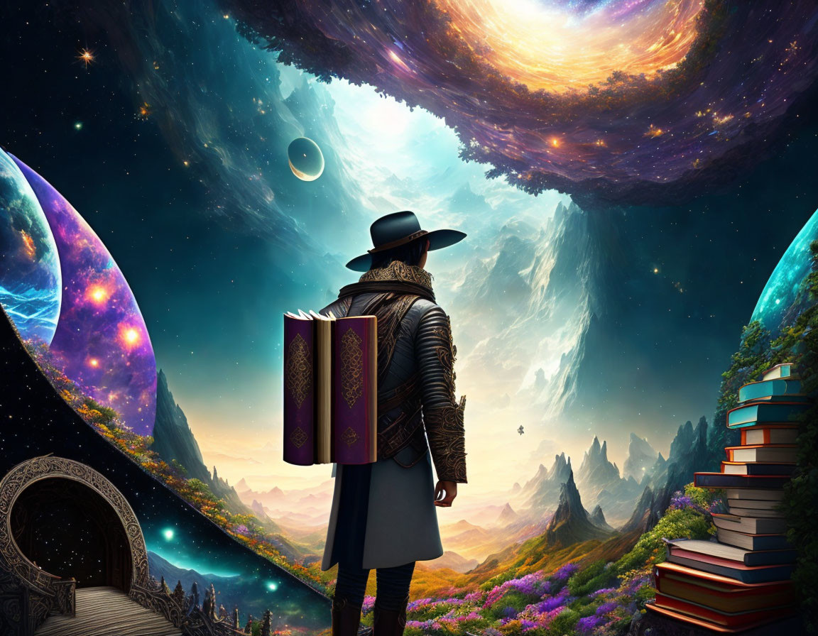 Person in cloak with book in surreal landscape with vibrant flora, wooden bridge, stacked books, and celestial