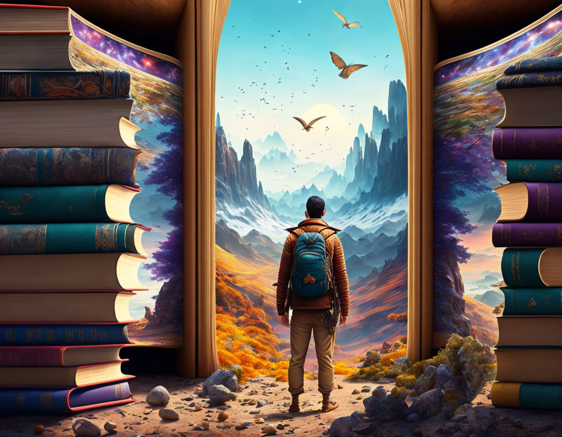 Person in surreal landscape with book pages, mountains, and birds.