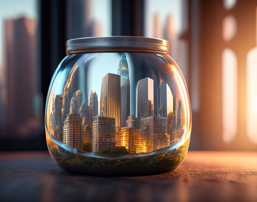 Miniature cityscape in glass jar with sunset glow and real skyscrapers.