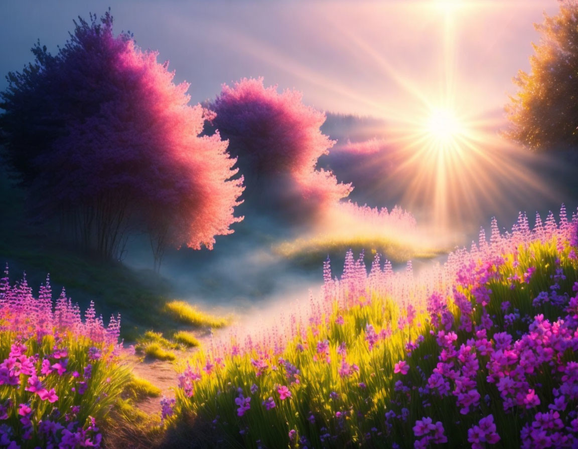 Serene landscape with vibrant purple and pink blooms at sunset