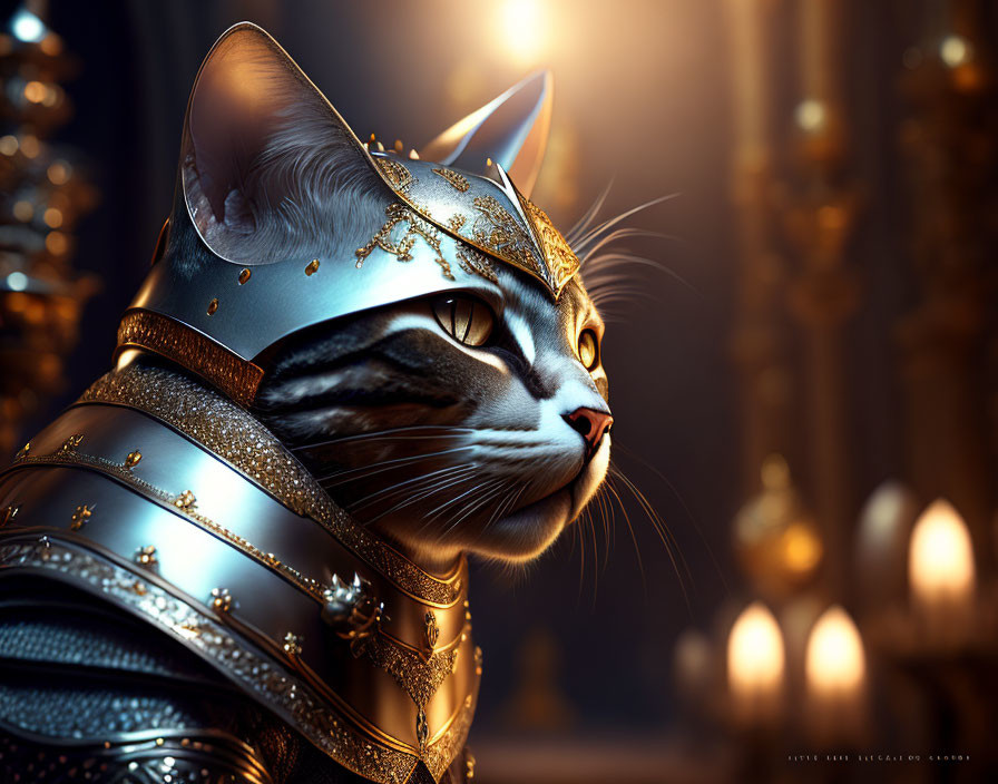 Regal cat in medieval armor surrounded by glowing candles