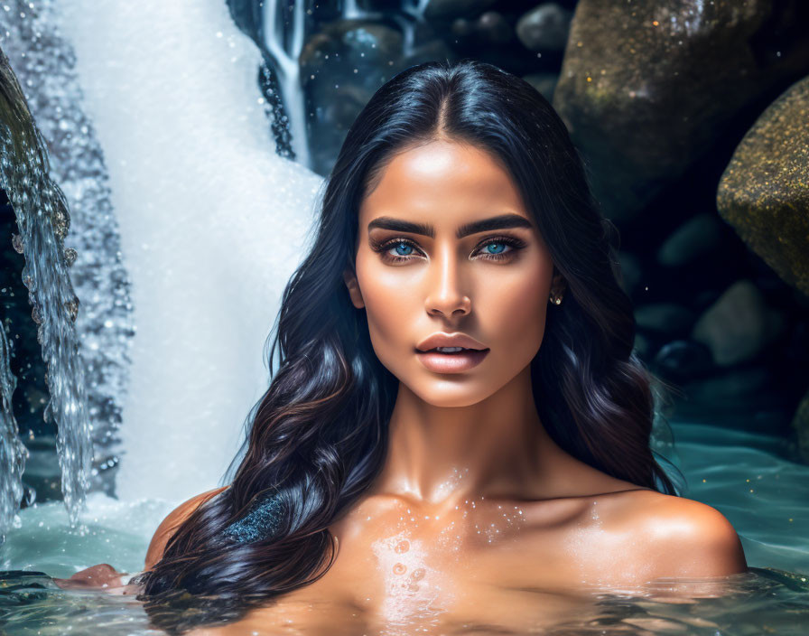 Woman with Striking Blue Eyes and Dark Hair Posing in Water with Waterfall and Rocks