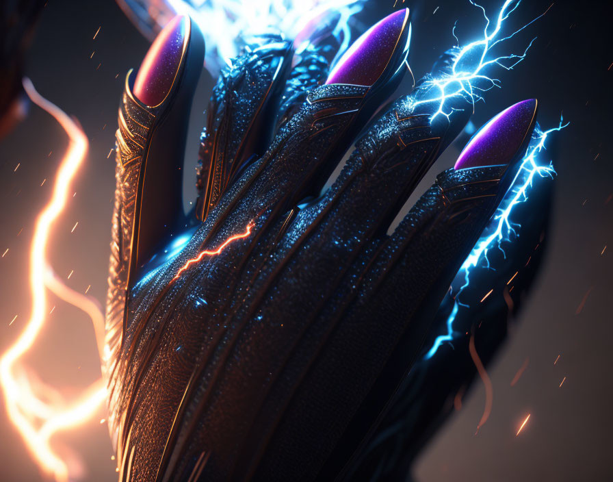 Black Glove with Glowing Purple Fingertips Surrounded by Blue Electrical Arcs