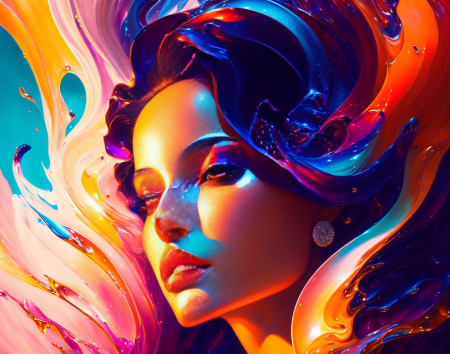 Colorful digital artwork: Woman's face in swirling liquid forms