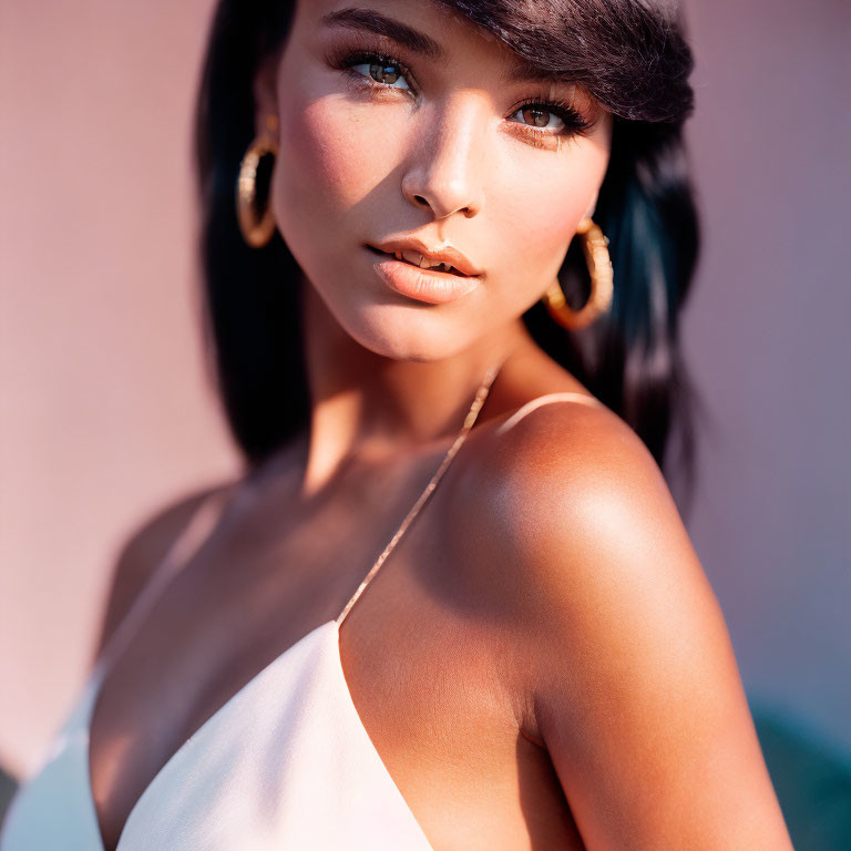 Close-up portrait of woman with tanned skin, hoop earrings, white top, and shadow on face