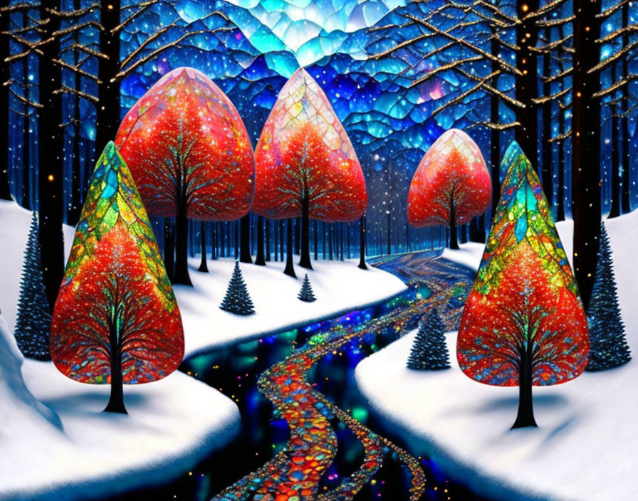 Colorful Trees with Stained-Glass Leaves in Snowy Forest at Night