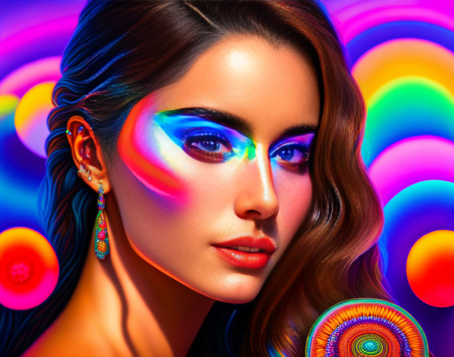 Colorful digital portrait of a woman with iridescent light on face