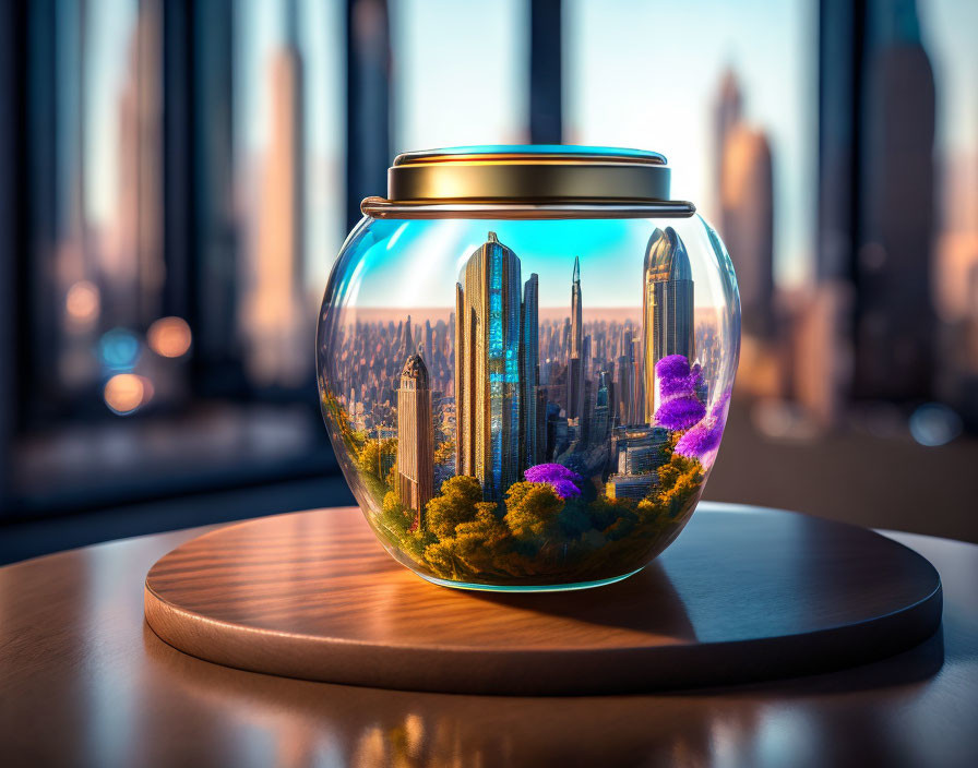 Miniature Cityscape in Glass Jar with Purple Foliage at Sunset