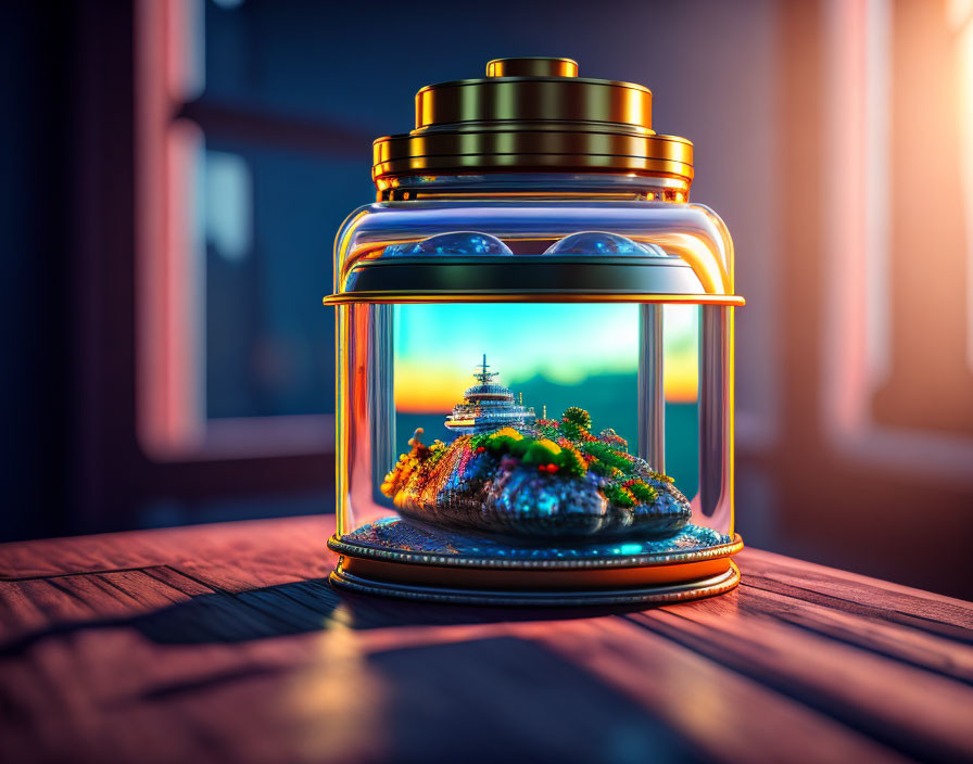 Miniature Ecosystem in Jar with Ship and Sunset Glow