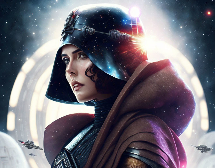 Woman in futuristic helmet and cloak against starry backdrop with spaceships