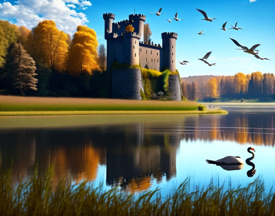 Medieval castle by calm lake, autumn trees, flying birds, swan.