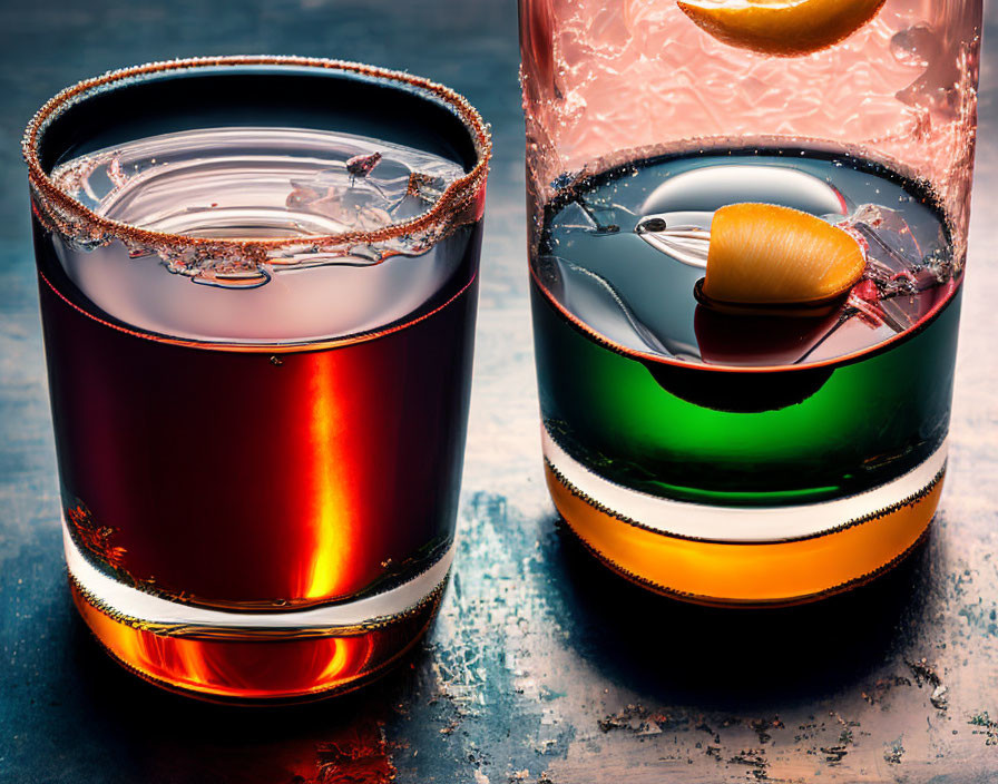 Colorful Layered Cocktails with Citrus Peel Garnish on Textured Surface