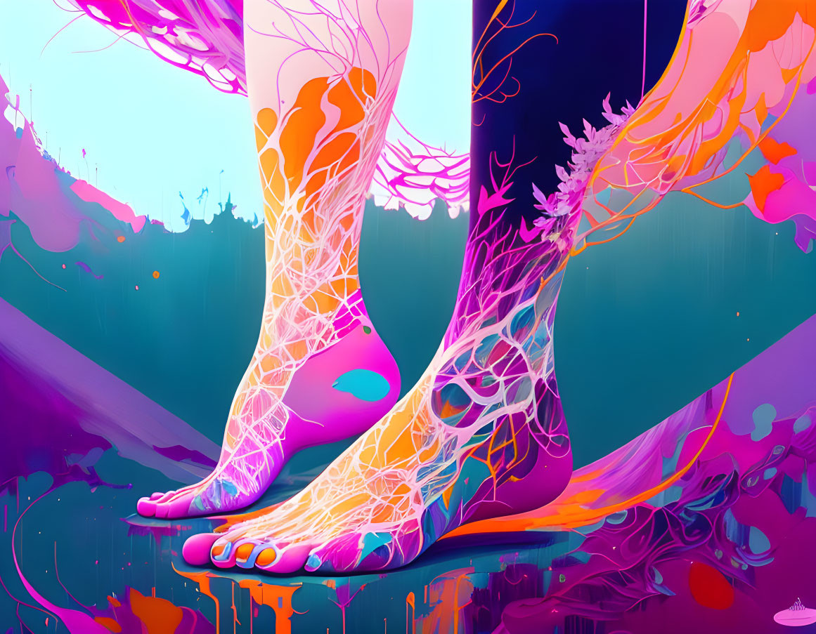 Vibrant human feet art with intricate patterns on pink and blue background