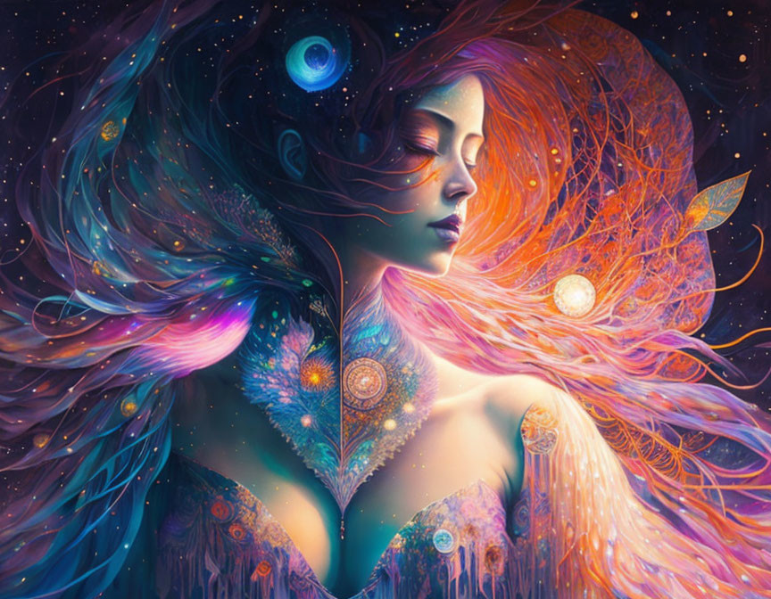 Illustration of woman with flowing hair and cosmic elements.