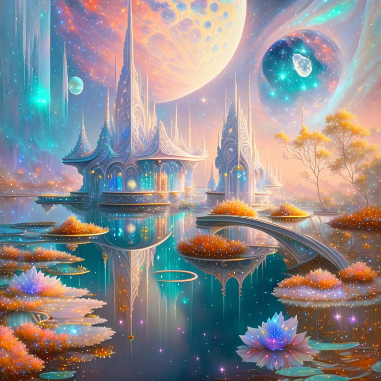 Vibrant fantasy landscape with glowing flora and celestial bodies