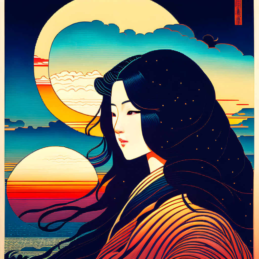 Vibrant seascape with woman in flowing hair against stylized sun