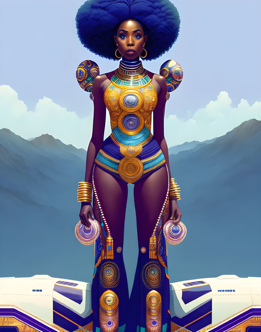 Digital illustration: Woman in afro-futuristic attire against mountainous backdrop