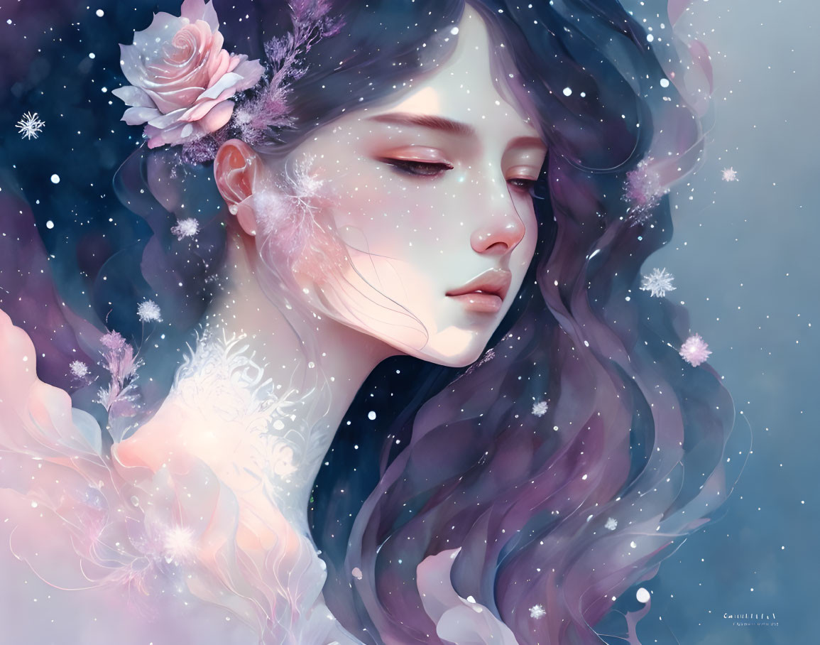 Illustrated portrait of woman with flower hair surrounded by snowflakes in cool tones