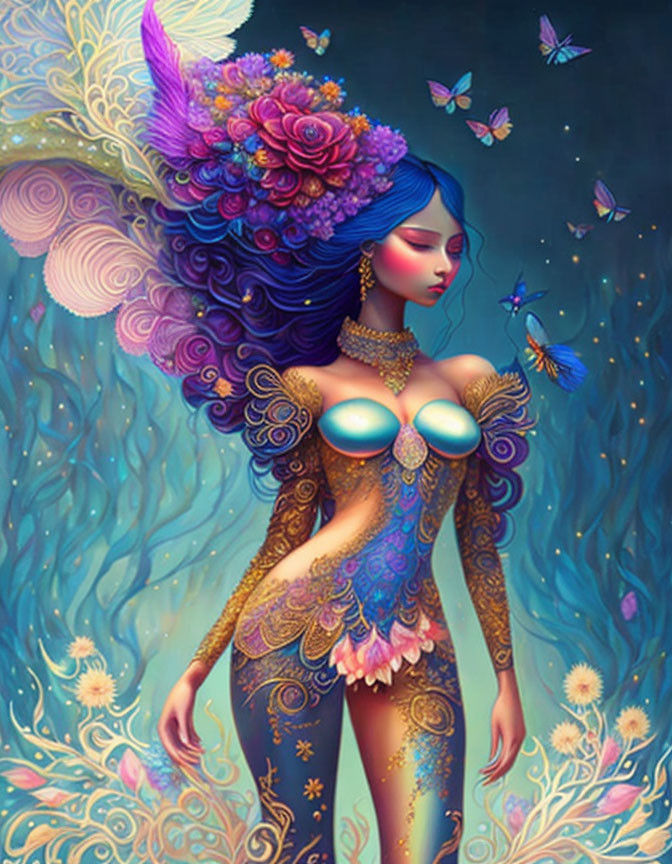 Colorful illustration of woman with blue hair, flower headdress, butterflies, body art.