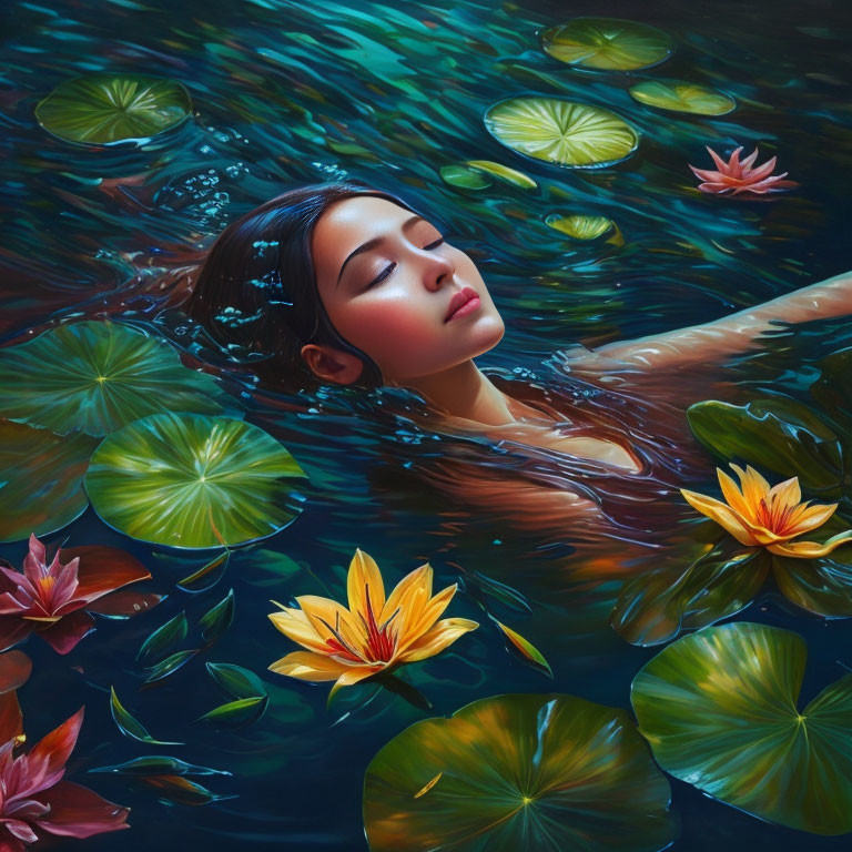 Woman floating in tranquil pond with lily pads and water lilies.