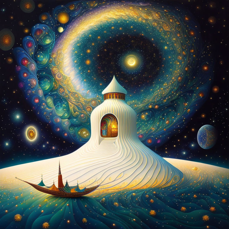 Whimsical painting of white-domed structure on swirling hill with sailboat under cosmic backdrop