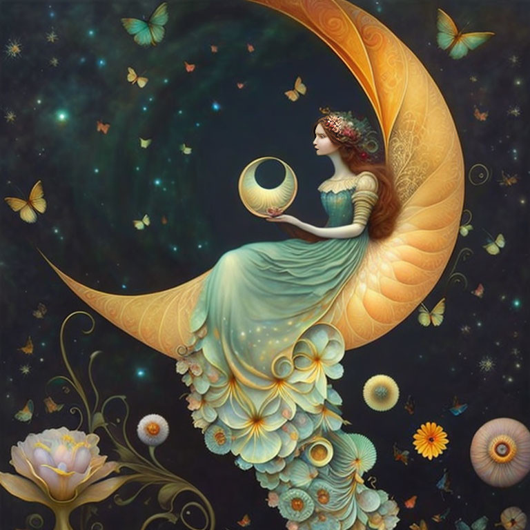 Surreal illustration of woman on crescent moon with flowers and butterflies