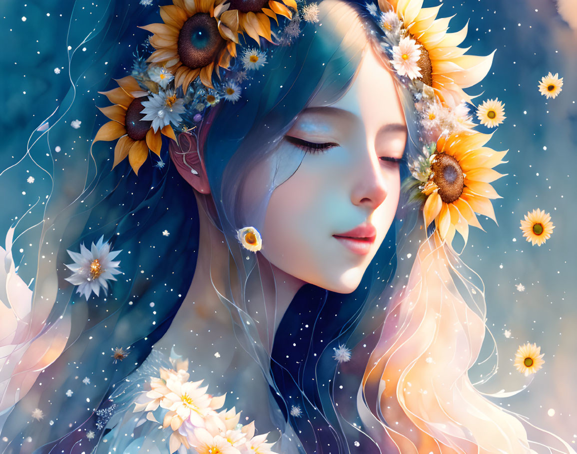 Illustration of woman with sunflower wreath in serene setting