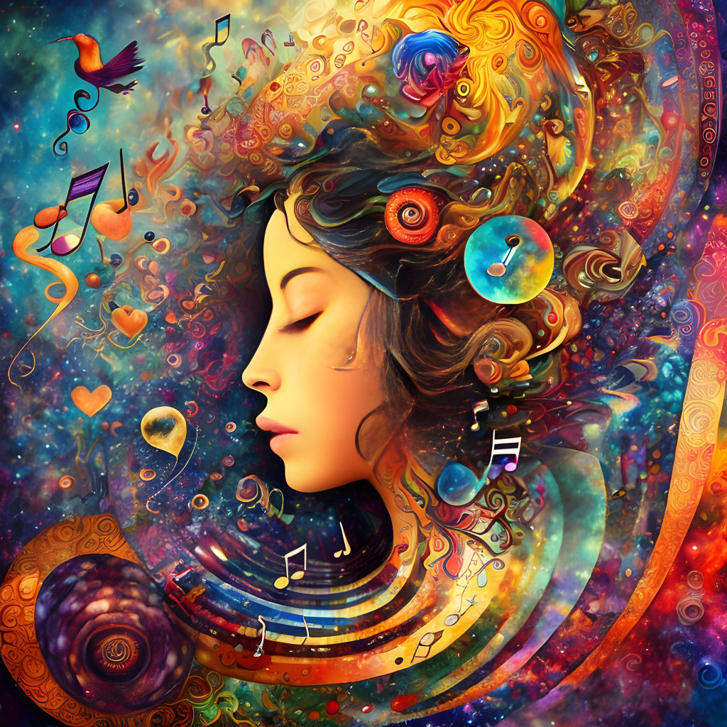 Vibrant woman's profile with swirls and cosmic elements