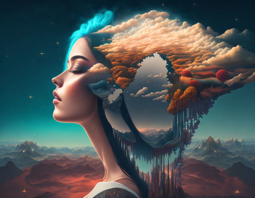 Woman's side profile with surreal landscape hair: mountains, clouds, floating island