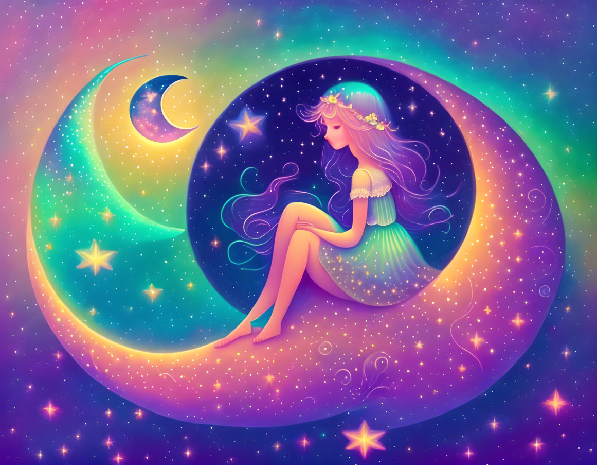 Vibrant cosmic background with girl on crescent moon