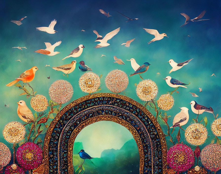 Birds in Flight Around Ornate Circular Arch on Teal Background