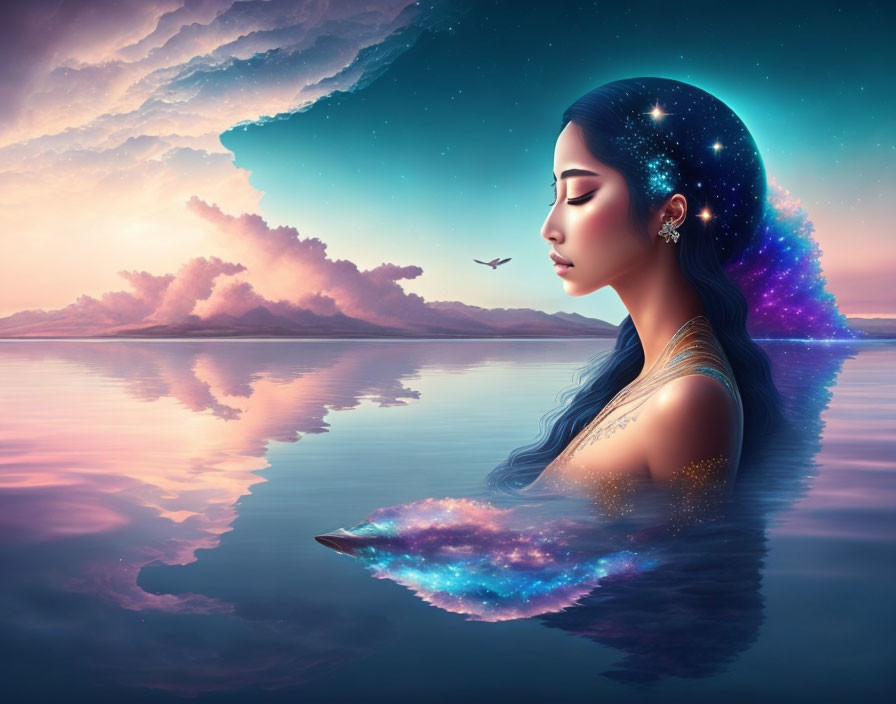 Surreal image: woman with starry night hair, reflected in calm waters, sunset sky.