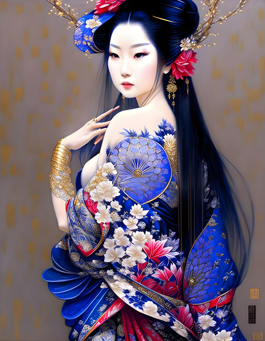 Detailed Blue Kimono Woman Illustration with Gold Jewelry