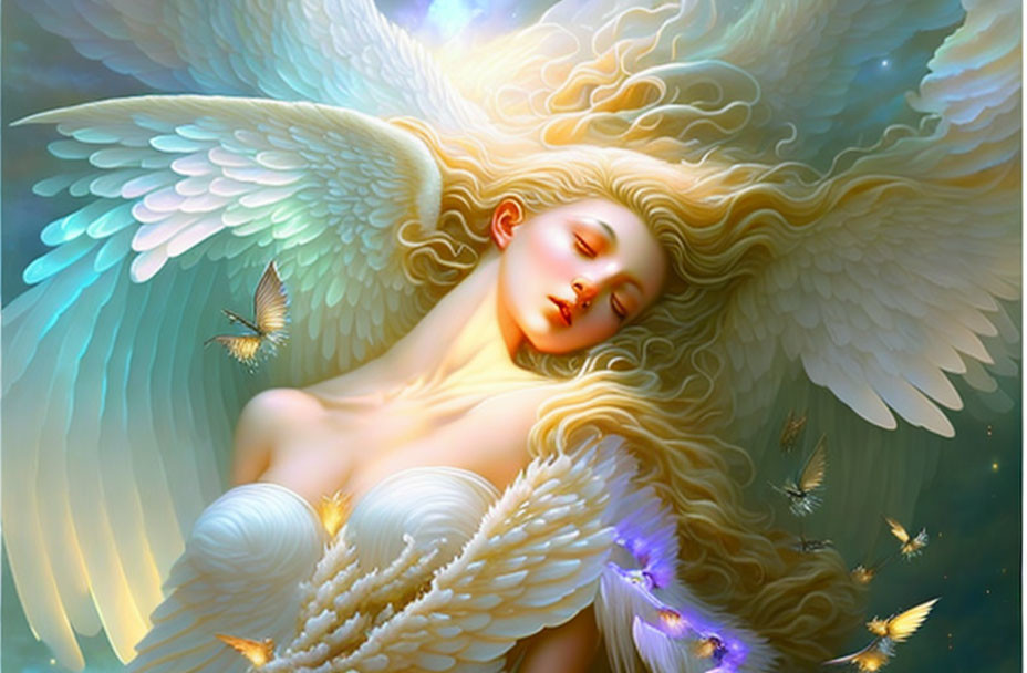 Ethereal figure with angelic wings and butterflies in serene setting