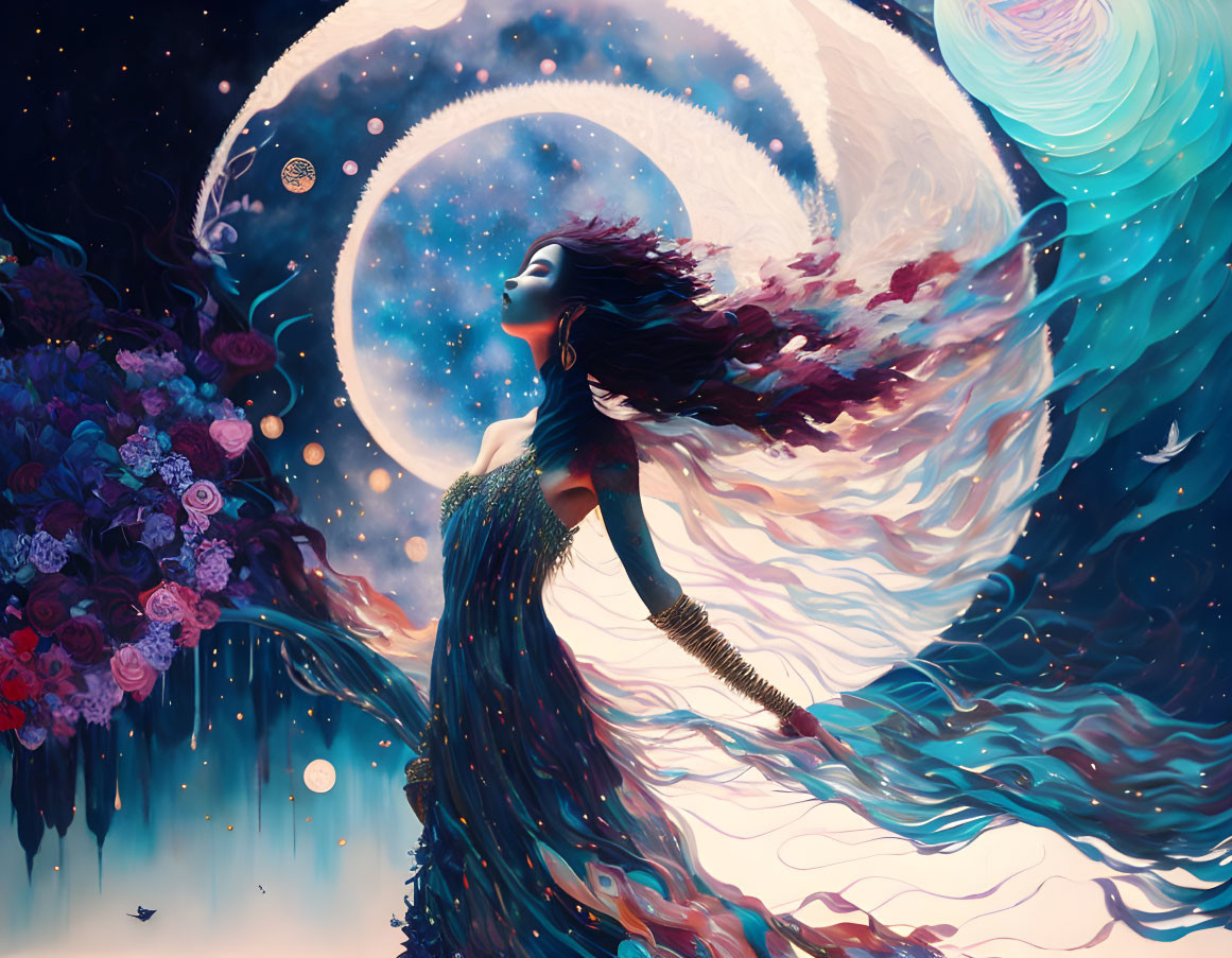 Ethereal woman with flowing hair and gown among flowers under crescent moon.