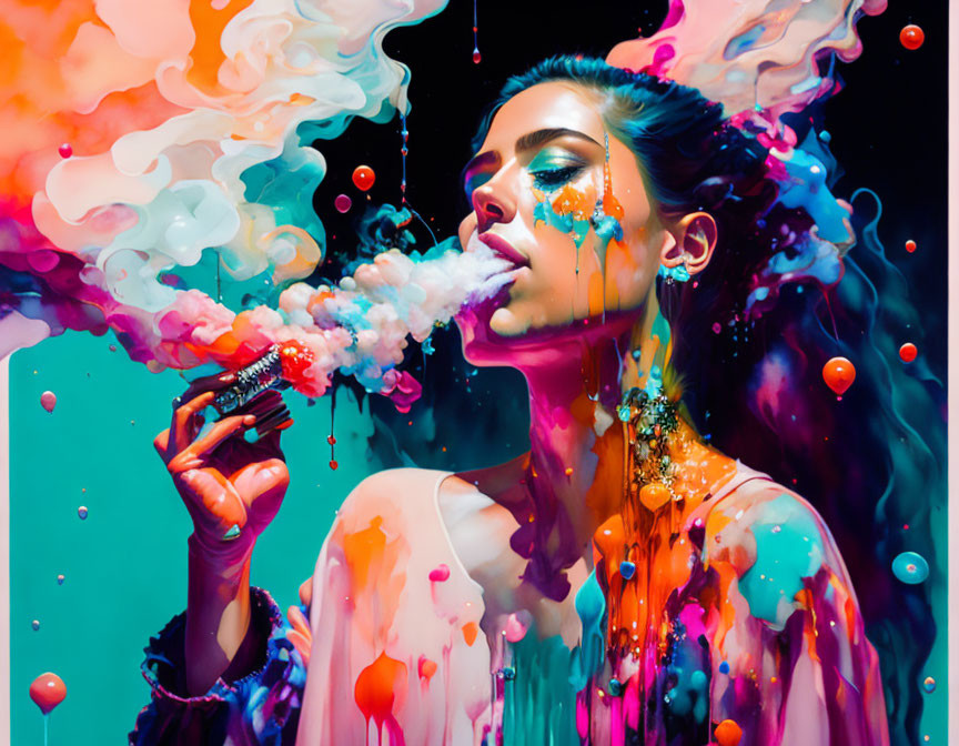 Colorful Smoke Exhalation in Surreal Paint Splatter Scene