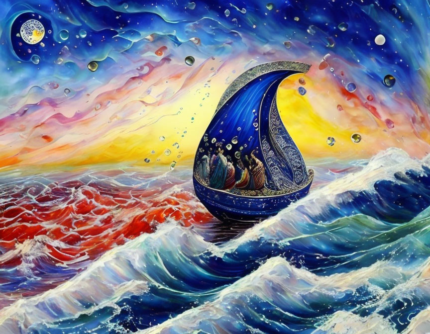 Colorful painting: Crescent moon boat on turbulent waves, starry sky, sunset.