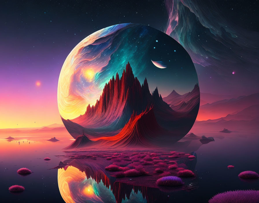 Surreal landscape: mountains, reflective lake, vibrant flora, celestial bodies