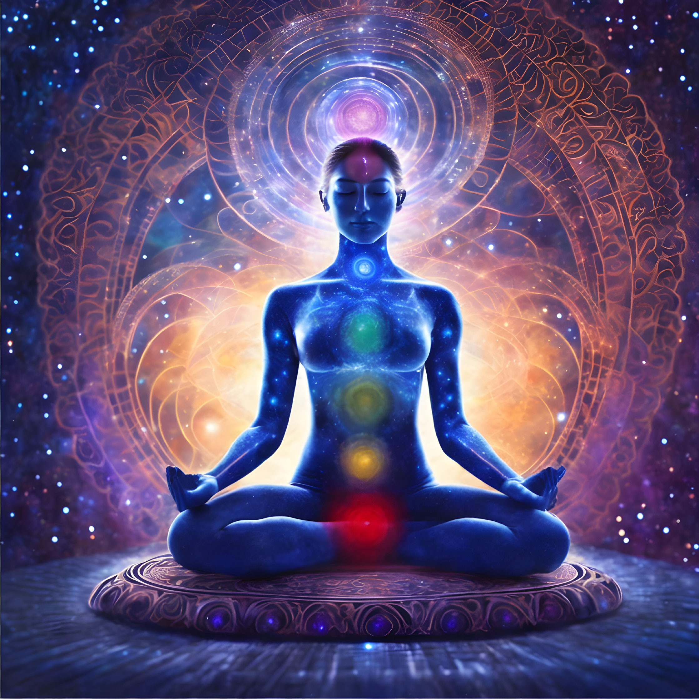 Meditating person with glowing chakras on cosmic backdrop