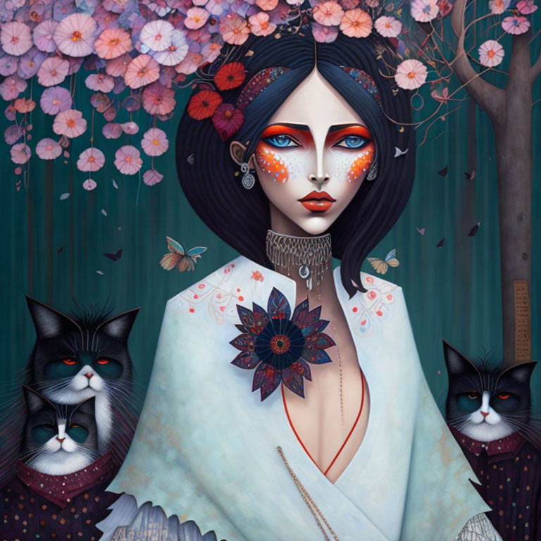 Stylized illustration of a woman with blue eyes and cherry blossoms, accompanied by two black cats