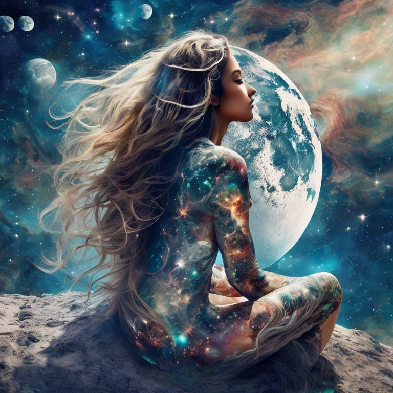 Galaxy-themed body paint woman contemplates under full moon