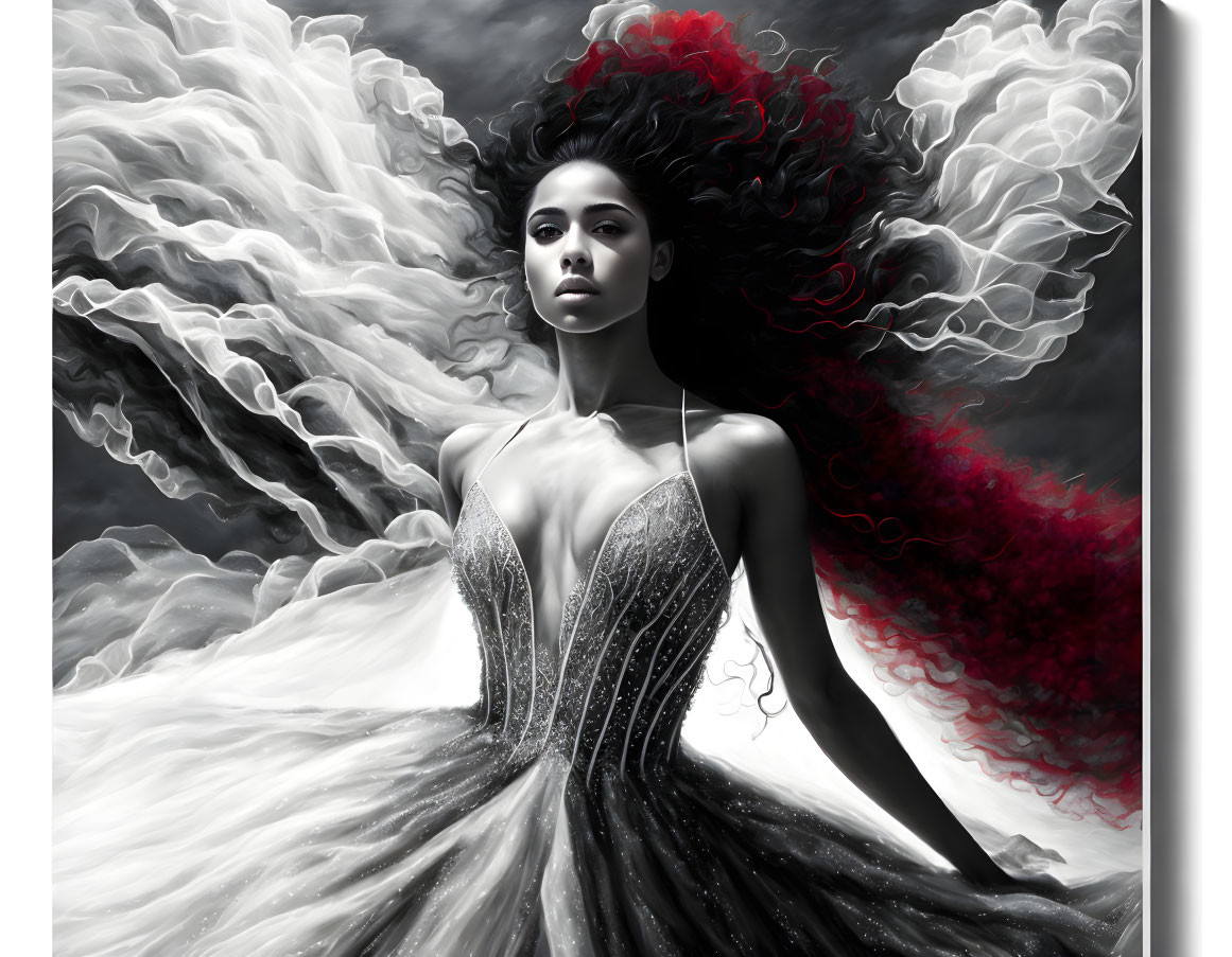 Monochromatic image of woman in elegant dress with red curly hair against swirling clouds