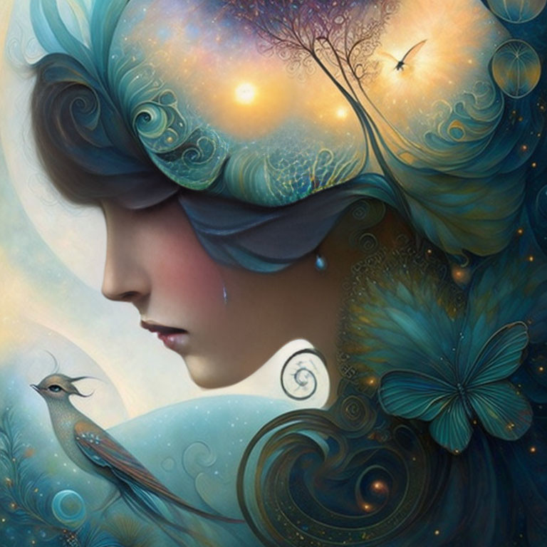 Woman's profile with blue ornate hair and celestial elements.